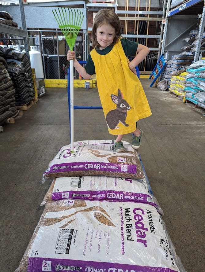 A proud youngster stands with a rake on some packs of mulch