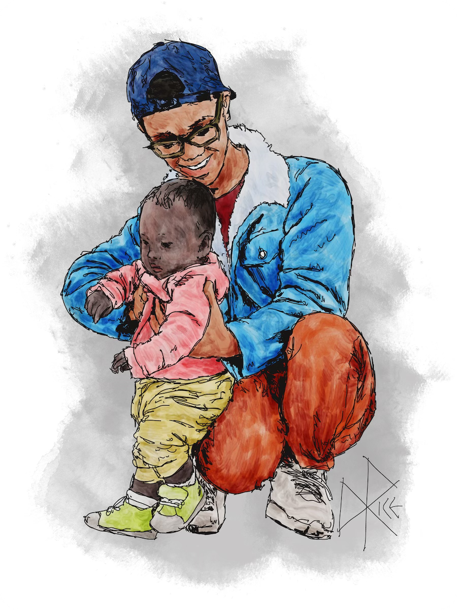 Incapable of standing solo, a baby takes a few steps while being held in a vertical posture by a squatting adult. Sketch art by Don Rice.