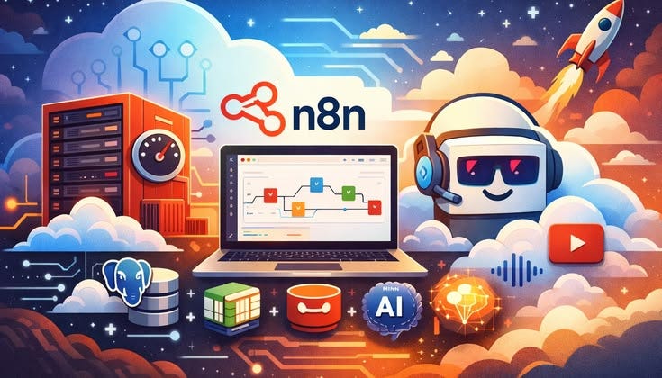 This may contain: a laptop computer sitting on top of a cloud filled with different icons and symbols in front of a rocket ship