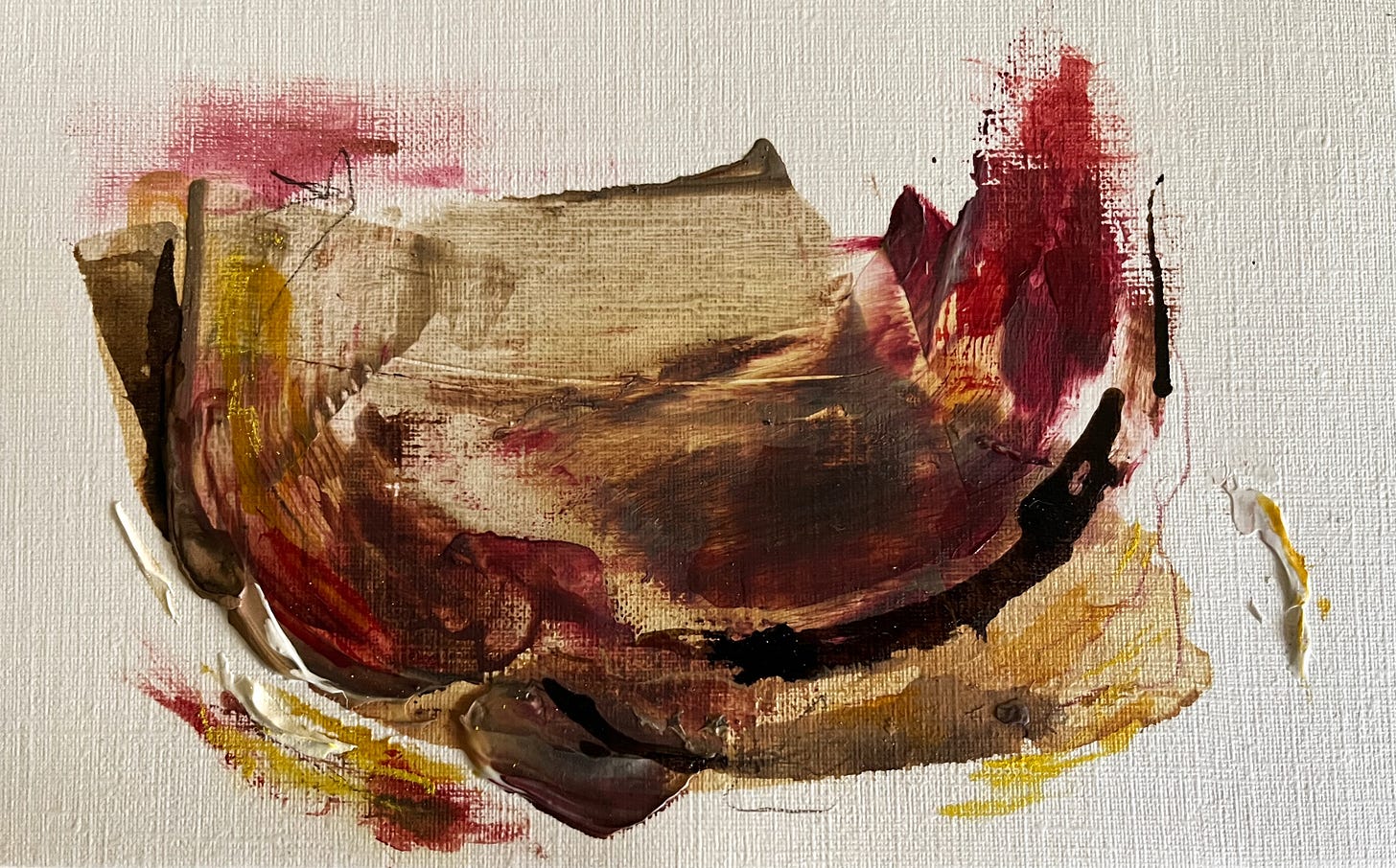 Abstract mixed media painting on a small rectangular panel. The composition features earthy tones of brown, ochre, and cream with accents of red and yellow. Soft brushstrokes blend into textured marks and subtle layering, suggesting a quiet, smouldering presence. Areas of thick paint and fine lines add depth and movement.