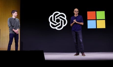 OpenAI Holds Its First Developer Conference<br>SAN FRANCISCO, CALIFORNIA - NOVEMBER 06: Microsoft CEO Satya Nadella (R) speaks as OpenAI CEO Sam Altman (L) looks on during the OpenAI DevDay event on November 06, 2023 in San Francisco, California. Altman delivered the keynote address at the first ever Open AI DevDay conference. (Photo by Justin Sullivan/Getty Images)