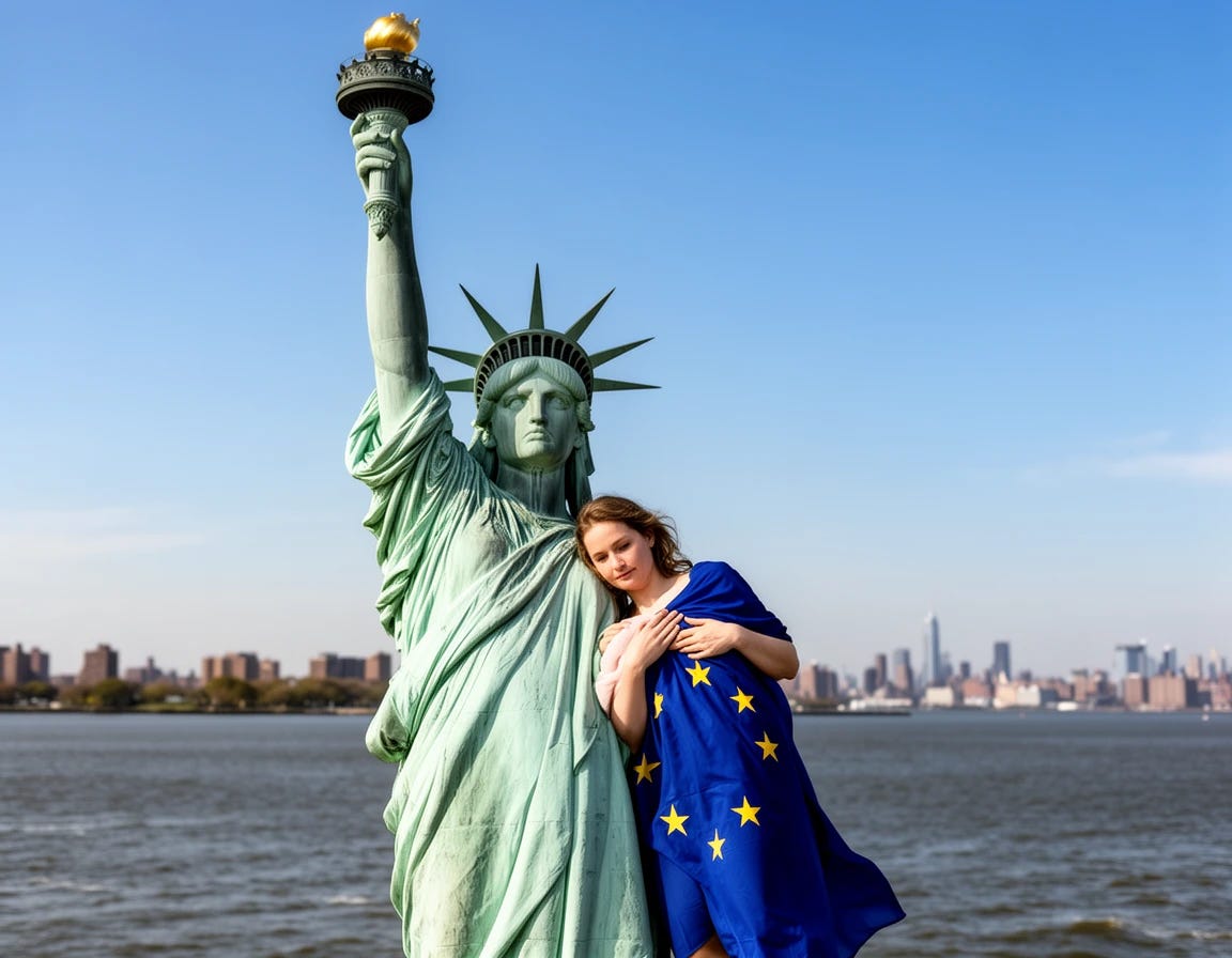 Statue of Liberty breastfeeding European Union woman with EU clothing apparel