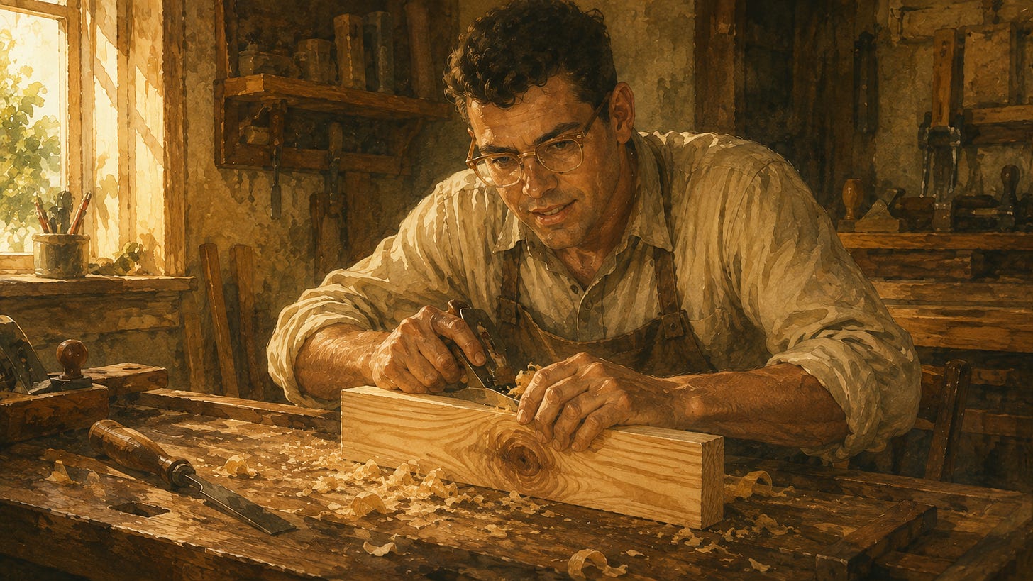 A watercolor-style portrait of a dark-haired man in glasses and an apron, bent over a workbench, carefully working a wooden knot with a chisel amid wood shavings and hand tools, warm light coming through a shop window.