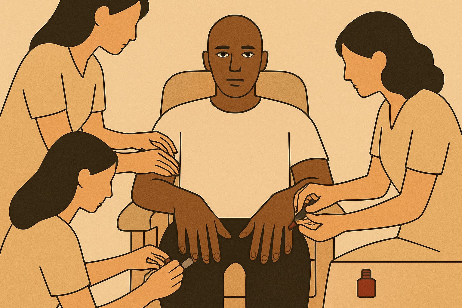 IIllustration of three women working simultaneously on a Black man seated in a salon chair. One woman massages his arm while two other women attend to his hands with nail tools. The man looks directly forward with an aware, observant expression. A bottle of rust-colored nail polish sits on a small table nearby. The illustration uses a warm, limited color palette of beiges, creams, and terracotta in a clean, minimalist editorial style.