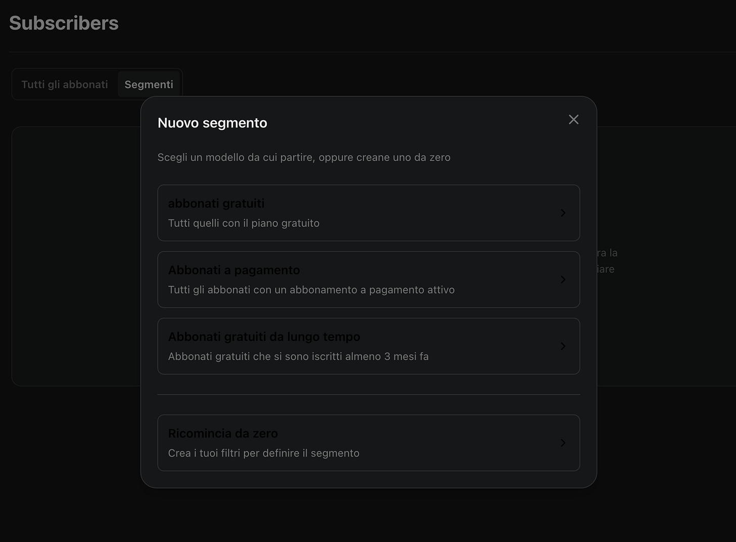 Immagine che rappresenta la schermata in cui creare i Segmenti