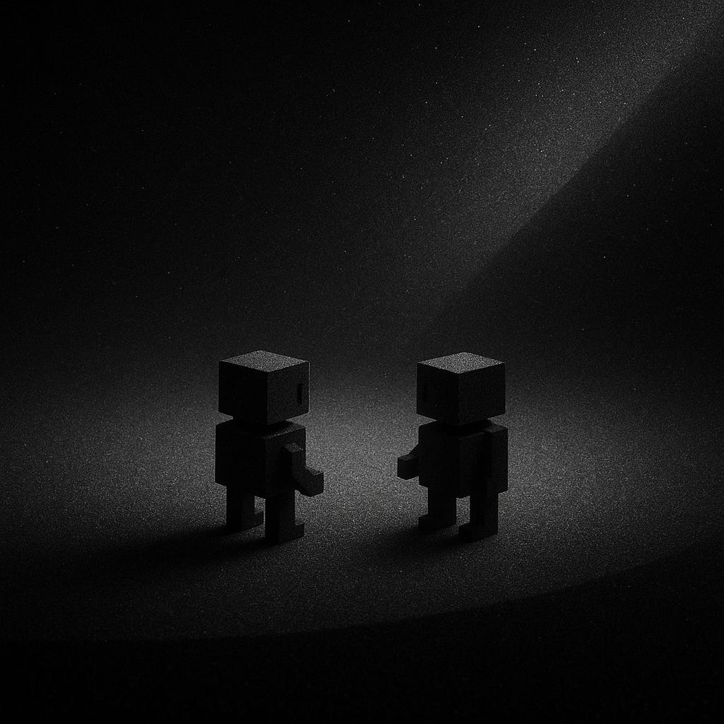 Два квадратных робота стоят напротив друг-друга (иллюстрация в чб)