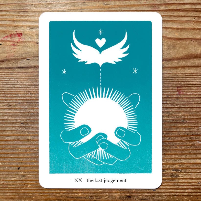 The Last Judgement card by Frank Duffy. This is a linocut in deep blues showing healing hands and a dove The Last Judgement card by Frank Duffy. This is a linocut in deep blues showing healing hands and a dove