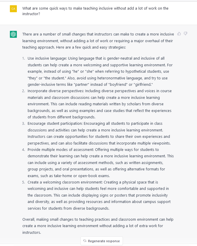 A screenshot of ChatGPT's response to my question "What are some quick ways to make teaching inclusive without adding a lot of work on the instructor?". It provided me with a list of 5 items that are pretty good.