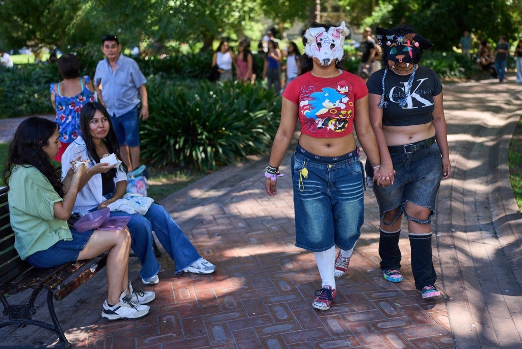 Two youths in animal masks walk through a park, holding hands, during a therian gathering.