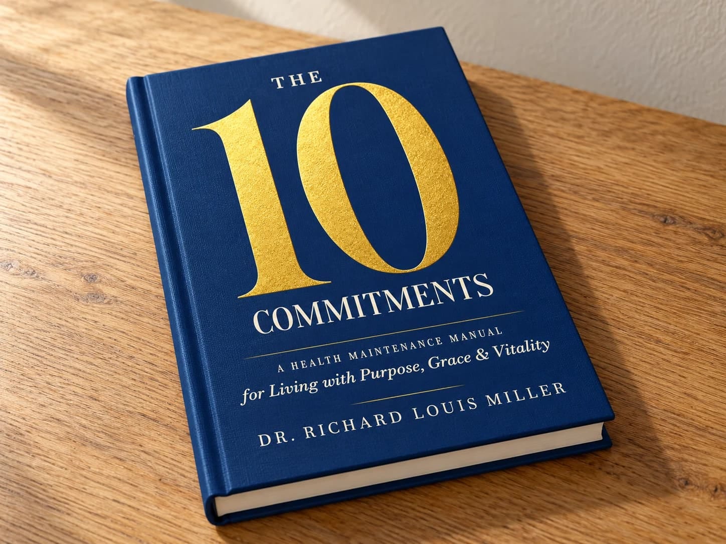 Hardcover mockup of The 10 Commitments on a table Hardcover mockup of The 10 Commitments on a table