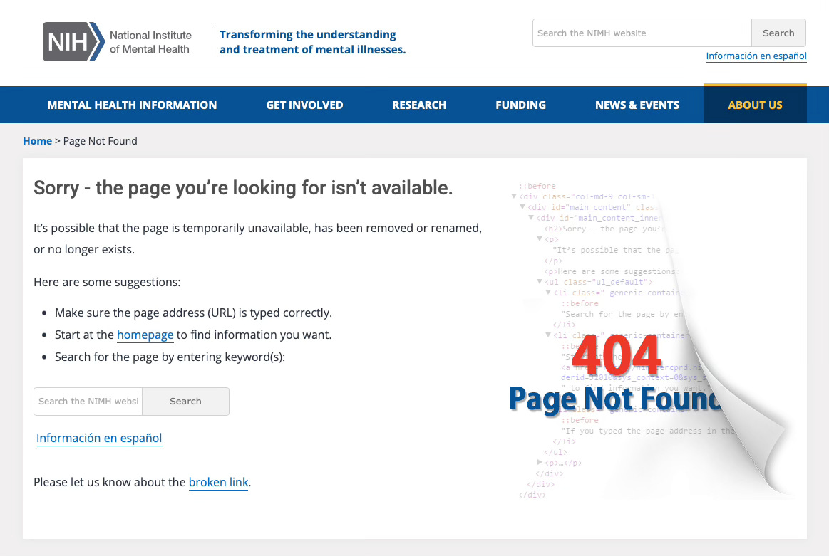 Screenshot of an NIH website that says "sorry the page you're looking for isn't available"