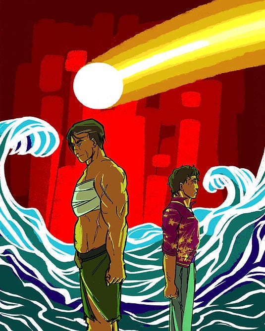 A tall, muscular woman stands back to back with short and slight Baru amdist the waves. A tall, muscular woman stands back to back with short and slight Baru amdist the waves.
