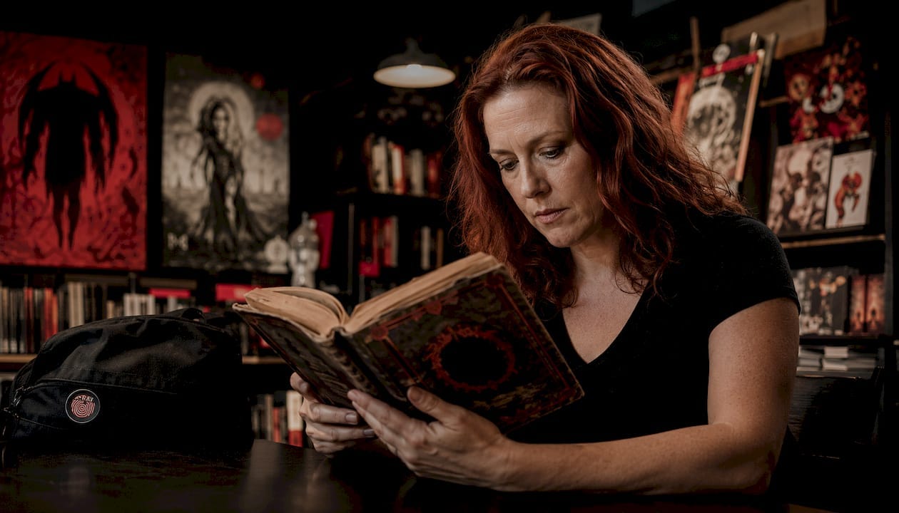 Woman reading Gothic novel in dim library