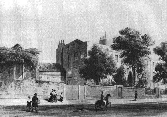 A painting of Fleetwood House, a Georgian manor with a brick wall in front A painting of Fleetwood House, a Georgian manor with a brick wall in front
