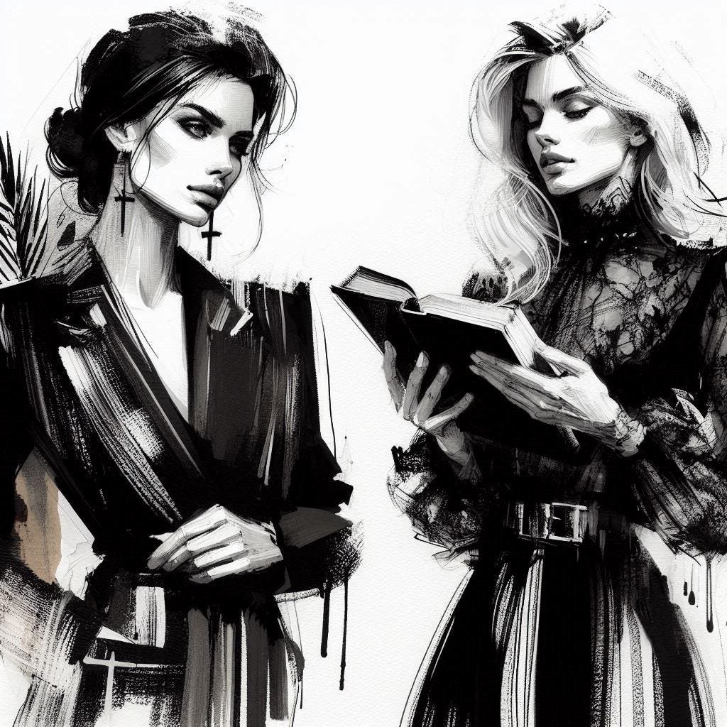 A sexy dressed woman and a woman
 with a Bible in black and white ink and gouache style
