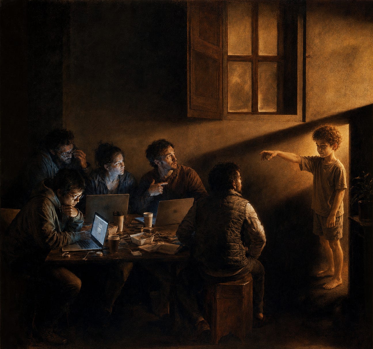 A contemporary oil painting in the style of Caravaggio's The Calling of Saint Matthew. Five people in modern clothing — hoodies, a fleece vest, button-downs — sit hunched around a wooden table in a dim room, working on open laptops. Their faces are lit from below by cold blue screen light. Coffee cups, a takeout container, an open notebook, AirPods, and tangled charging cables are scattered across the table. On the right side of the painting, a small child stands in a doorway, bathed in warm golden afternoon light pouring through a tall window behind them. The child extends one arm toward the table, hand limp and fingers drooping forward in the same gesture Christ uses in the original Caravaggio. One of the seated figures has looked up and turned toward the child, hand to his chest in a gesture of recognition.