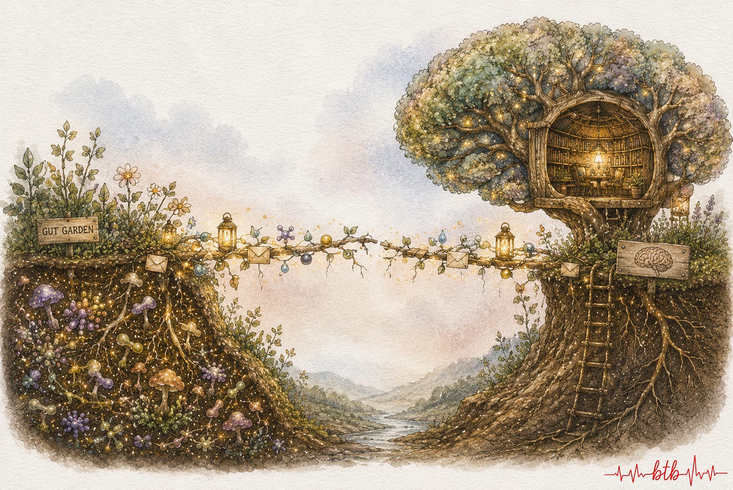 A warm hand-drawn illustration shows an underground garden of roots and tiny glowing microbes sending little messages up through a tree into a softly lit treehouse shaped subtly like a developing brain. This image was created for the article The Missing Link Between Your Child’s Gut and Their Brain. Article written by Marie-Jo Herard for Between the Beats Substack. 