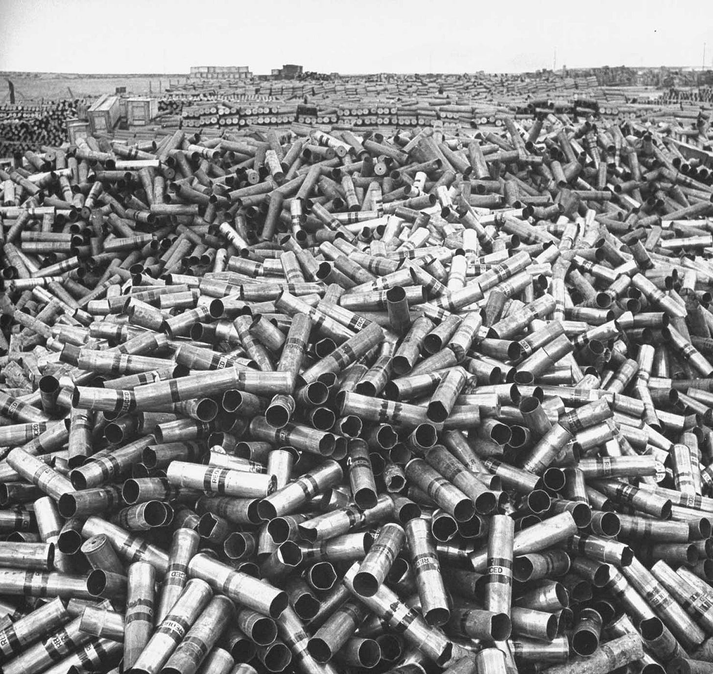 A monumental pile of 18 million pounds of scrap brass at a U.S. Army depot, salvaged from unused equipment in 1946. A monumental pile of 18 million pounds of scrap brass at a U.S. Army depot, salvaged from unused equipment in 1946.