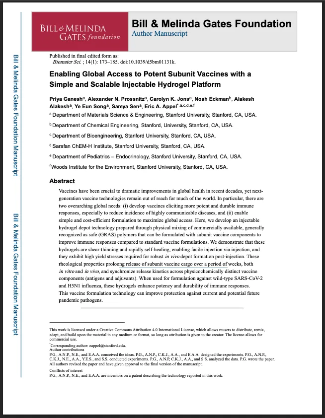 Gates Foundation finanziert injizierbaren Hydrogel-Impfstoff, der gegen H5N1-Vogelgrippe getestet wurde