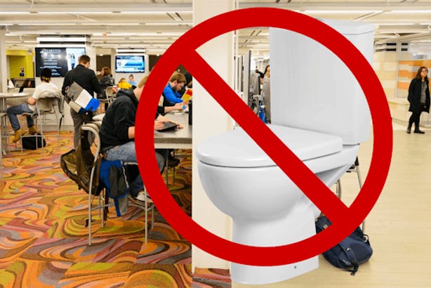 A crossed-out toilet in the University of Iowa Main Library.