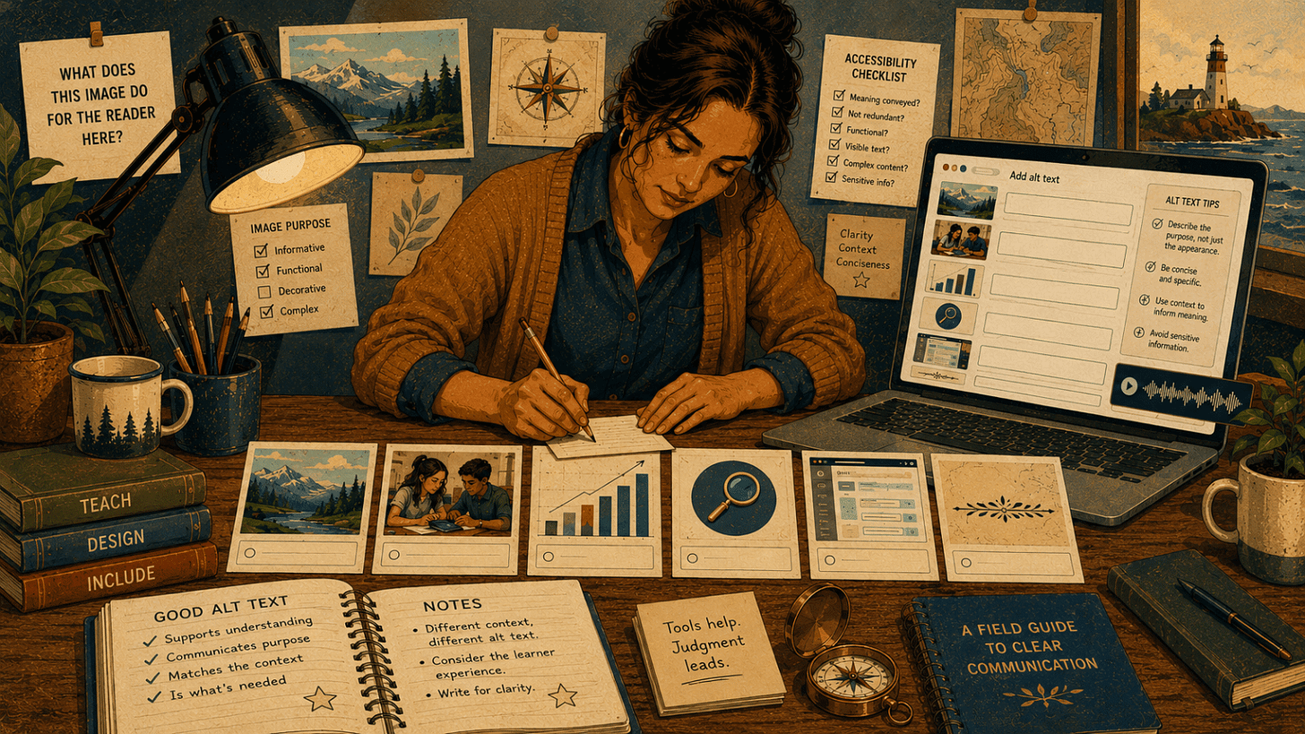 A woman writes at a desk surrounded by alt text guidelines, accessibility checklists, sample images, and a laptop.