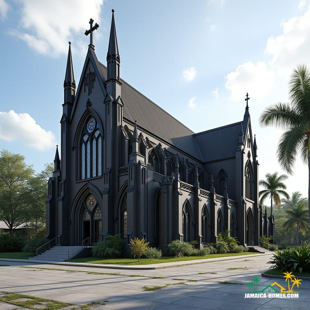 A striking black Gothic-inspired church in Jamaica, Caribbean, with towering spires, pointed arches, and intricate stonework that reflect timeless architectural grandeur. Attached to this historic structure is a bold, modern extension featuring sleek glass walls, steel frames, and spacious, minimalist halls designed for community gatherings and youth activities. The dramatic contrast between the Gothic heritage and the contemporary design creates a visually captivating and functional space, blending the sacred with the innovative in a tropical island setting.