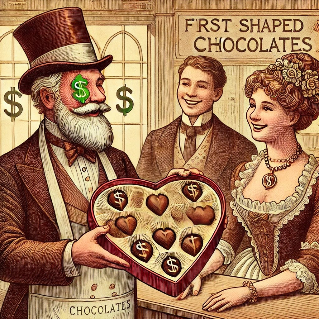 3. A playful illustration of a 19th-century chocolatier presenting the first heart-shaped box of chocolates to a delighted couple, with money signs subtly twinkling in his eyes.