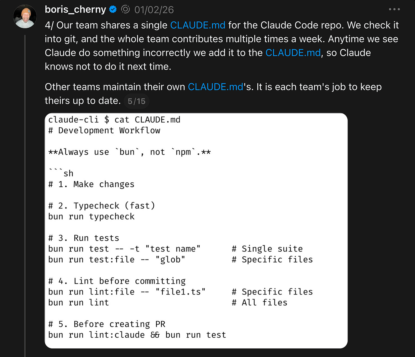 Boris's team sharing a single CLAUDE.md checked into Git