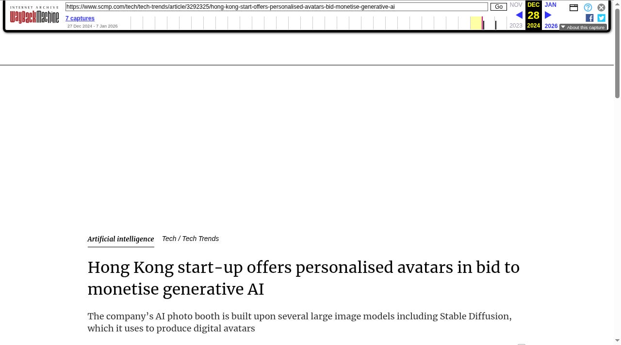 Wayback Machine capture of a South China Morning Post article dated 28 December 2024, headlined Hong Kong start-up offers personalised avatars in bid to monetise generative AI, filed under Artificial Intelligence and Tech Trends.