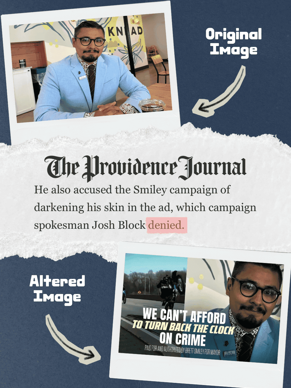 Top image is labeled "Original Image" and bottom image is labeled as "Altered image" which shows the same image as above but with the man's skin tone darkened. In between these images is a quote from The Providence Journal that says "He also accused the Smiley campaign of darkening his skin in the ad, which campaign spokesman Josh Black denied."