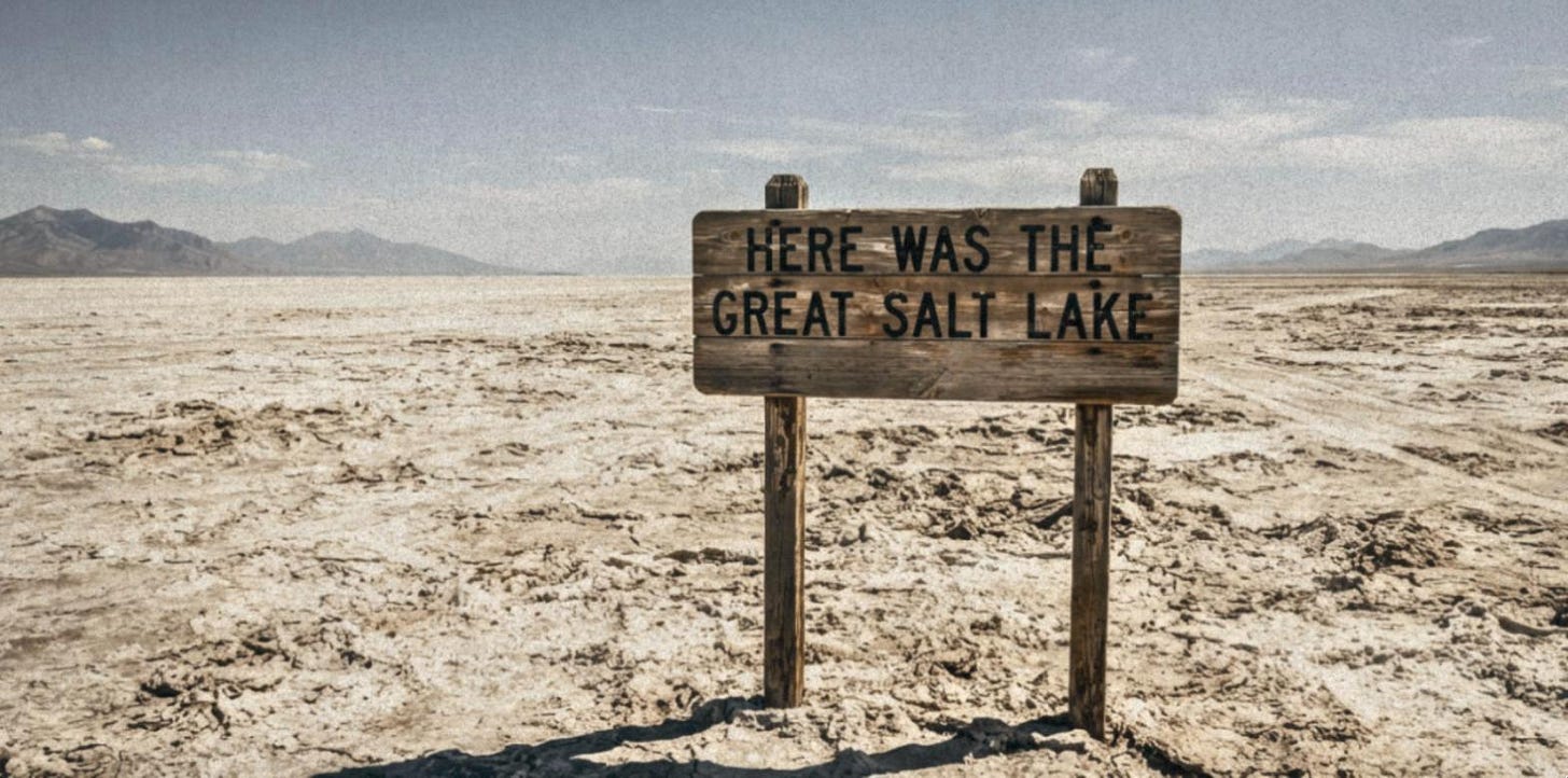 A weathered wooden sign reading "Here was the Great Salt Lake" stands on dry, cracked lakebed A weathered wooden sign reading "Here was the Great Salt Lake" stands on dry, cracked lakebed