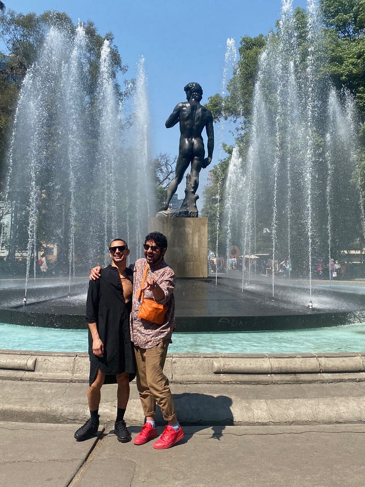 A private courtyard in La Condessa flanked by giant cacti and ornate glass windows. Two queers pose in front of the fountain at the Plaza Rio De Janiero in La Roma.