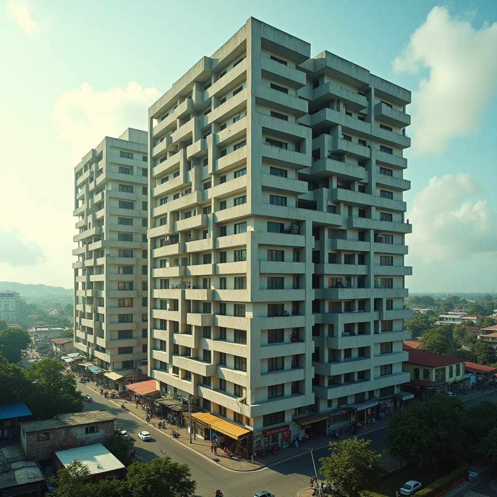 0 bedroom modern jamaican apartment block, lots of rectangle protruding windows, multi level large openings, bold looking in city area shops below in kingston jamaica