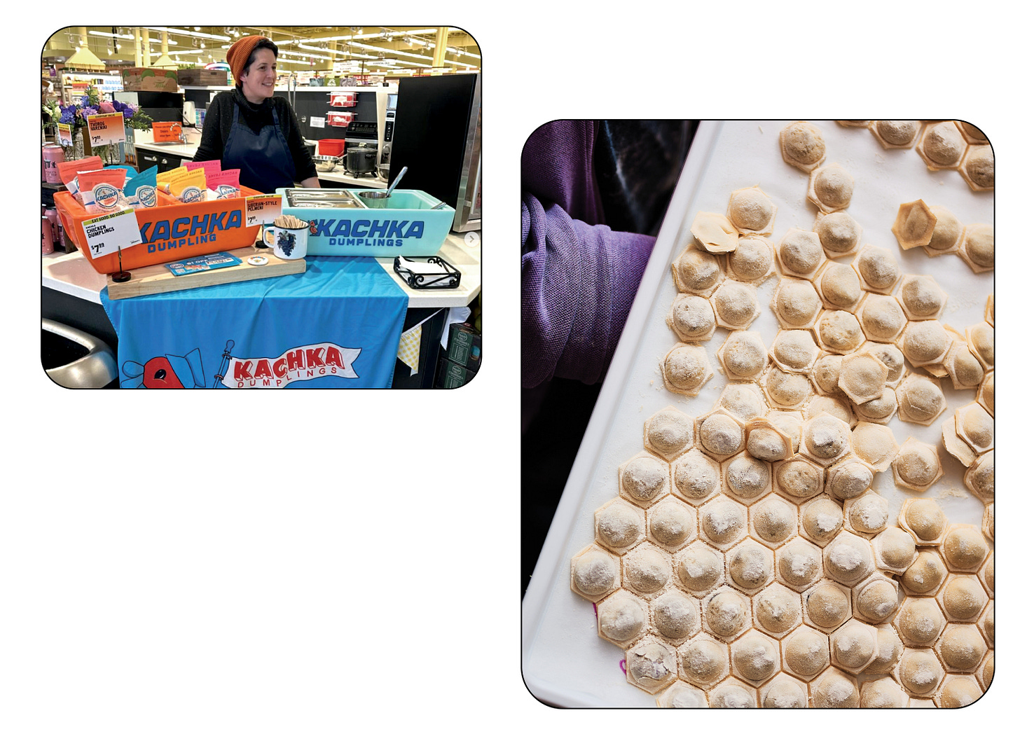 Left: Bonnie Frumkin Morales standing behind a dumpling display at a store; right, an overhead view of verniki dumplings on a tray