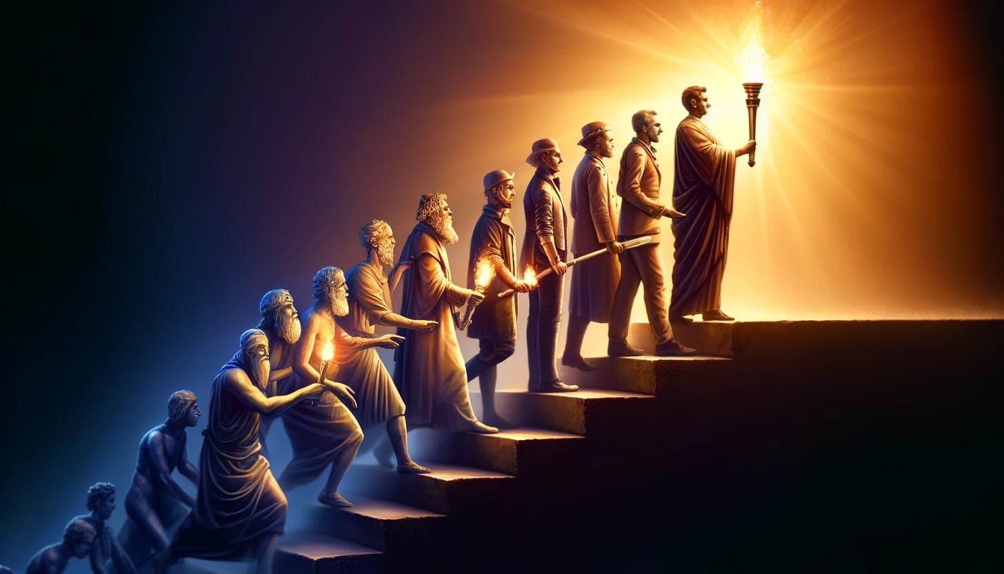 A historical progression is depicted, showing a series of figures from different eras passing a glowing torch from one to another. Each figure adds something unique to the torch, symbolizing the enrichment of knowledge and spiritual creation over generations. The figures are dressed in historical attire, transitioning from ancient to modern clothing, illustrating the evolution of ideas through time. The background has a gradient of colors, from dark to light, symbolizing the progression of knowledge and optimism.