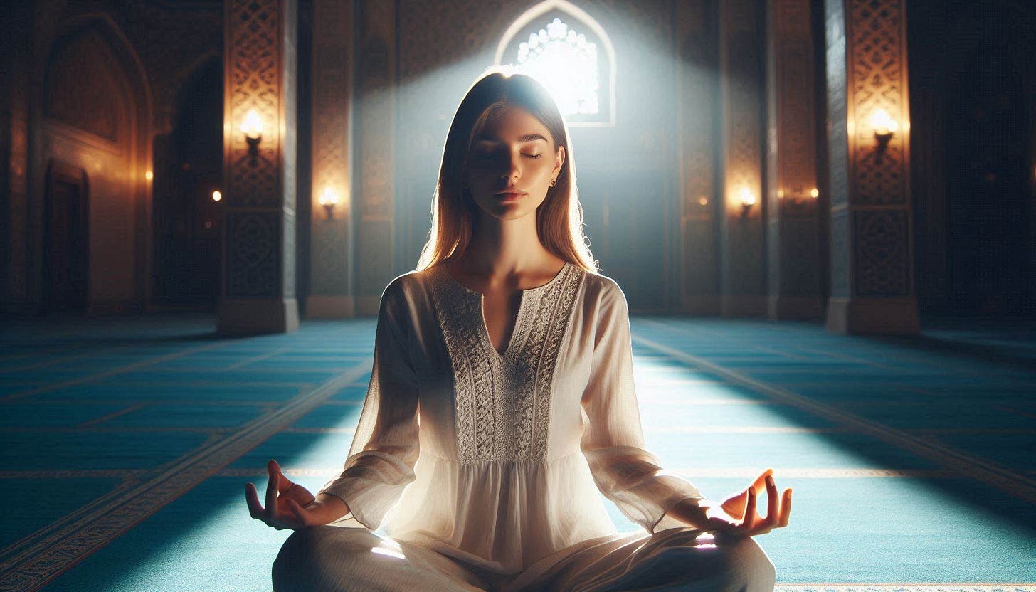 modern young sufi-ismaili woman meditating with eyes closed in meditation inside a dark Ismaili Masjid with Spiritual Light Shining from her face 