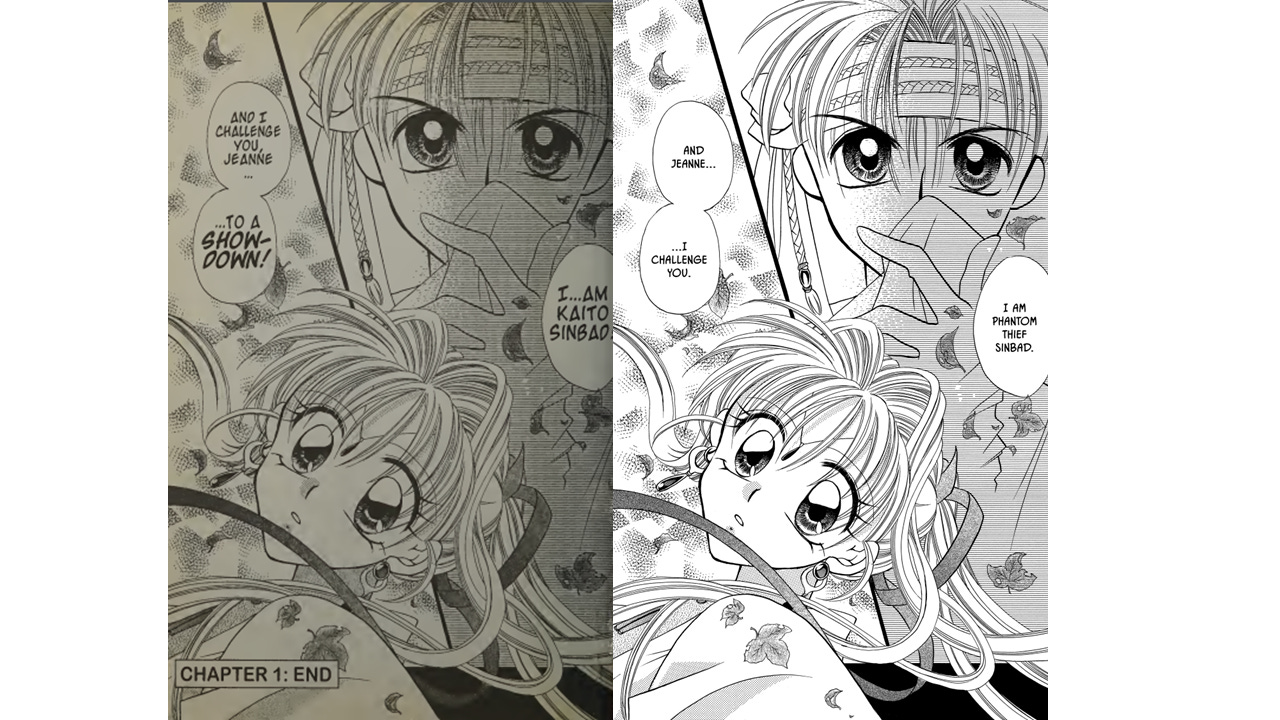 Page from "Kamikaze Kaito Jeanne." The CMX translation is on the left, the Viz on the right.