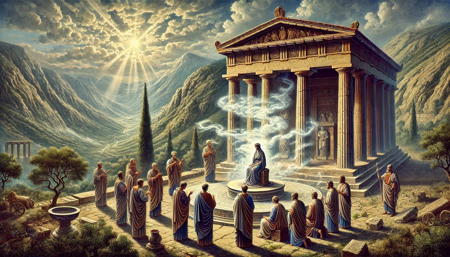 A detailed landscape scene in ancient Greece showing priests consulting an oracle at the Oracle of Delphi. The priests, dressed in traditional Greek robes, stand solemnly around a central temple surrounded by mountainous terrain. In the middle, a priestess sits on a raised platform, inhaling vapors as she enters a trance. The temple, adorned with classical Greek columns, overlooks a panoramic view of hills and valleys. The sky is partly cloudy, with beams of sunlight breaking through to illuminate the scene, creating an ethereal, mystical atmosphere. Trees and ancient ruins are scattered around, adding to the historic ambiance. A detailed landscape scene in ancient Greece showing priests consulting an oracle at the Oracle of Delphi. The priests, dressed in traditional Greek robes, stand solemnly around a central temple surrounded by mountainous terrain. In the middle, a priestess sits on a raised platform, inhaling vapors as she enters a trance. The temple, adorned with classical Greek columns, overlooks a panoramic view of hills and valleys. The sky is partly cloudy, with beams of sunlight breaking through to illuminate the scene, creating an ethereal, mystical atmosphere. Trees and ancient ruins are scattered around, adding to the historic ambiance.