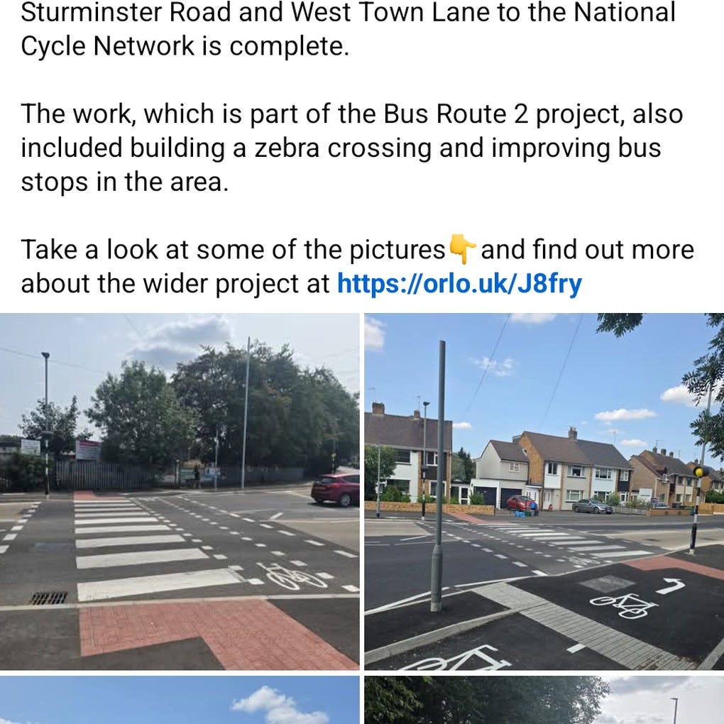 Screenshot of a Bristol City Council Facebook post announcing the completed Stockwood segregated cycle path, part of the Bus Route 2 project, showing photos of the new red-surfaced cycle lane and zebra crossing. www.thealmightygob.com Screenshot of a Bristol City Council Facebook post announcing the completed Stockwood segregated cycle path, part of the Bus Route 2 project, showing photos of the new red-surfaced cycle lane and zebra crossing. www.thealmightygob.com