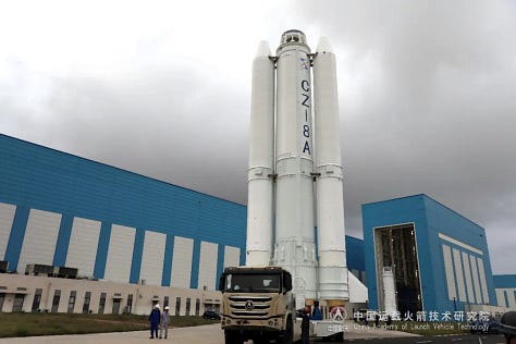 The Long March 8A Y6 vehicle's first and second stages heading to the launch pad at the Wenchang Commercial Space Launch Site.