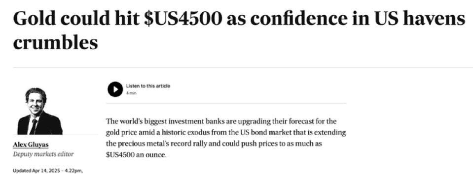 May be a meme of 1 person, money and text that says 'Gold could hit $US4500 as confidence in US havens crumbles Listen 4man this article AlexGluyas Alex Gluyas Deputy markets markets.editor editor The world's biggest investment banks are upgrading their forecast for the gold price amid historic exodus from the US bond market that extending the precious metal's record rally and could push prices to as much as SUS4500 an ounce. 2025-'