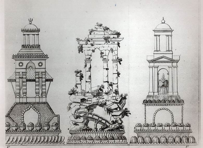Designs for Pastry Decoration from 'Le Patissier Royal Parisien' by Careme,  Plate 28, Leipzig and Paris, Published 1854