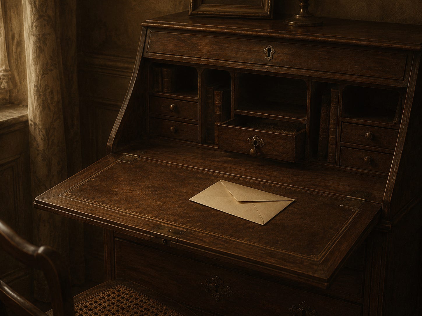 un secrétaire en chêne foncé, ouvert, avec une lettre posé sur la battant. un secrétaire en chêne foncé, ouvert, avec une lettre posé sur la battant.