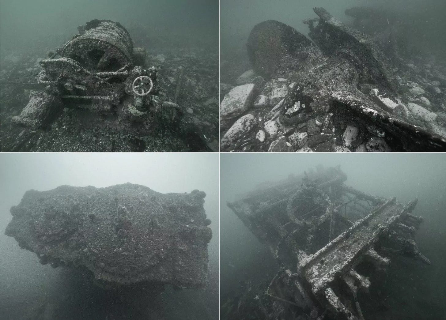 Underwater photos of debris from the wreck of the Pourquoi Pas.
