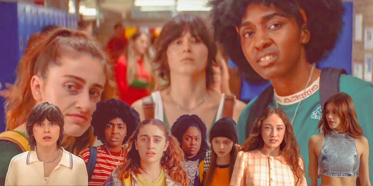 Collage of stills from the film Bottoms. Queer teen girls looking at the camera, unsmiling.