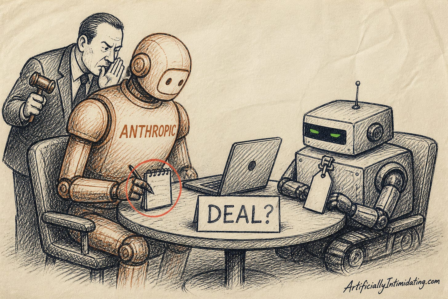 A rust-orange Anthropic bot takes notes across a small table from a squat grey bot with a price tag, a sign reading DEAL? between them, while a stern lawyer whispers over the orange bot's shoulder.