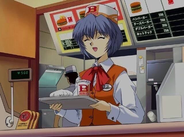This may contain: an anime character holding a tray in front of a fast food kiosk counter