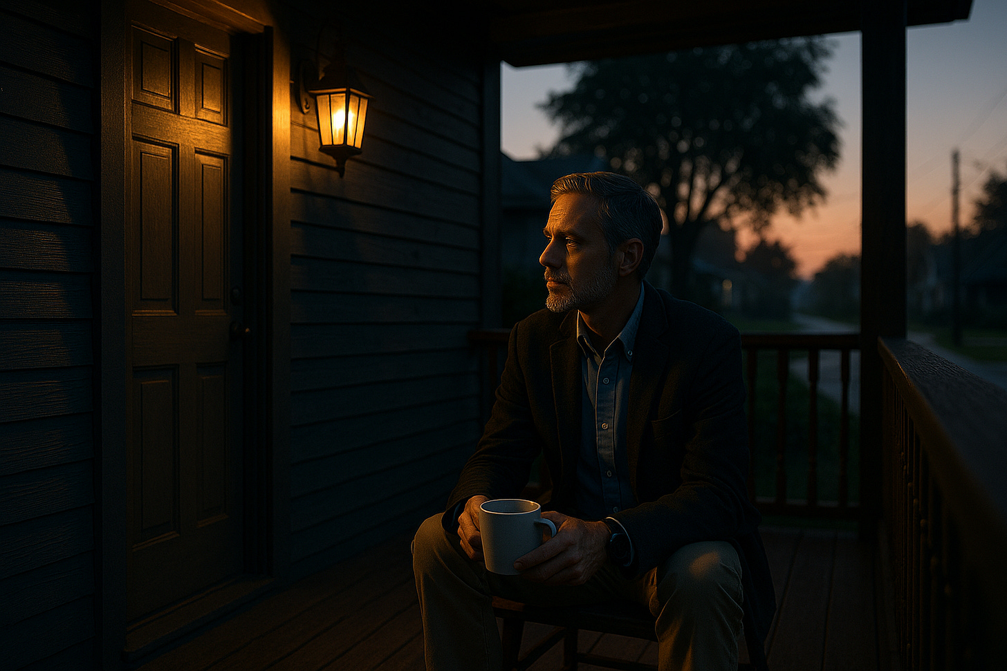 A real estate agent sits quietly on a porch at sunrise, coffee in hand, reflecting on lessons learned from the week.
