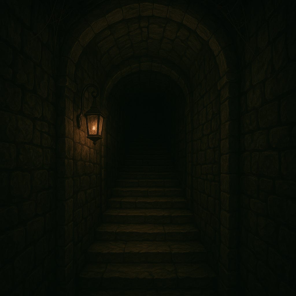 create an image of the long stairway from the attic to the dungeon area of the Durst manor