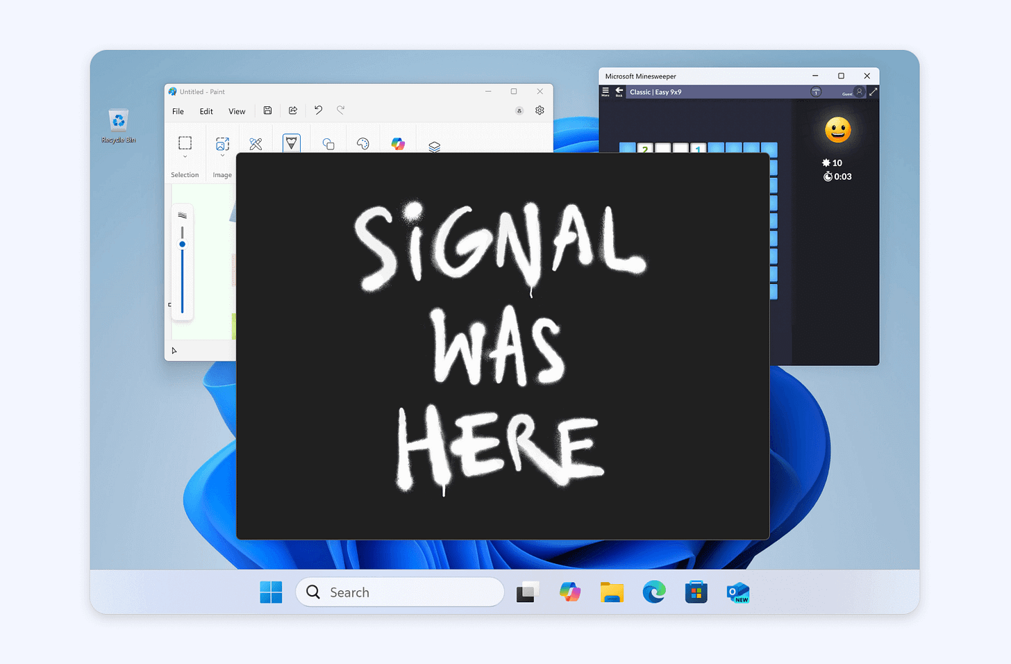 A screenshot of a Microsoft Windows desktop. Microsoft Paint and Minesweeper are visible behind a black rectangular window that is empty except for graffiti-style text that says "SIGNAL WAS HERE". A screenshot of a Microsoft Windows desktop. Microsoft Paint and Minesweeper are visible behind a black rectangular window that is empty except for graffiti-style text that says "SIGNAL WAS HERE".